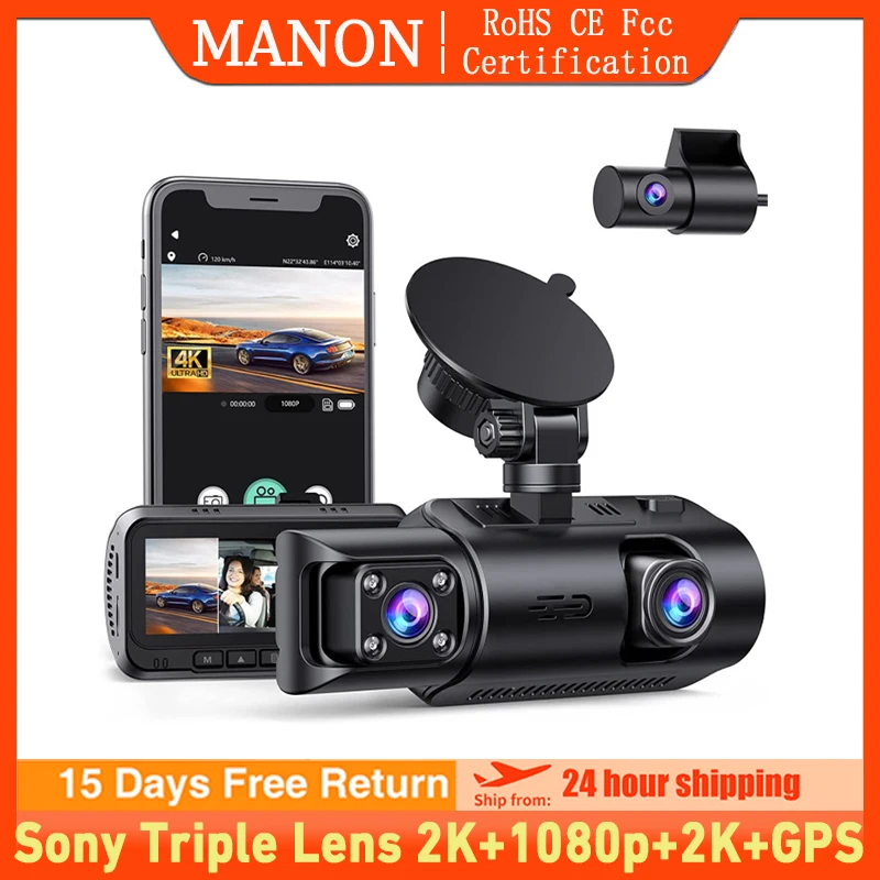 

MANON 3 Channel 4K Dash Cam Car DVR 24H Parking Monitor HD 1080P Front Inside Rear Three Way Night Vision Dash Driving Recorder