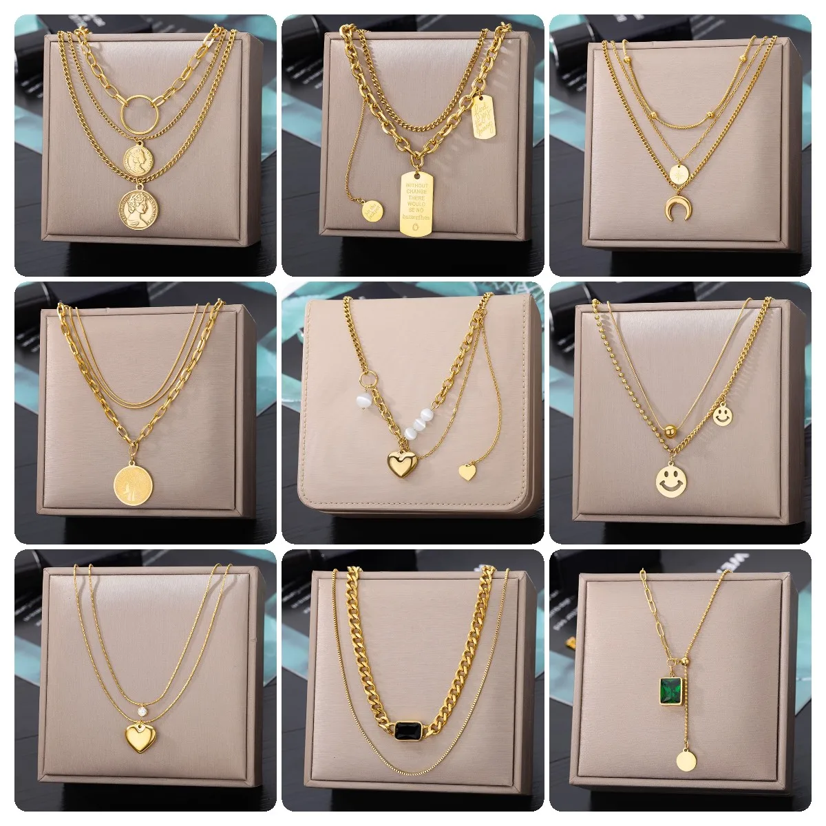 

Punk Double Layer Hollow Thick Clavicle Chain Stainless Steel Gold Color Necklace For Women Hip-Hop Trend Matching Jewelry Gift