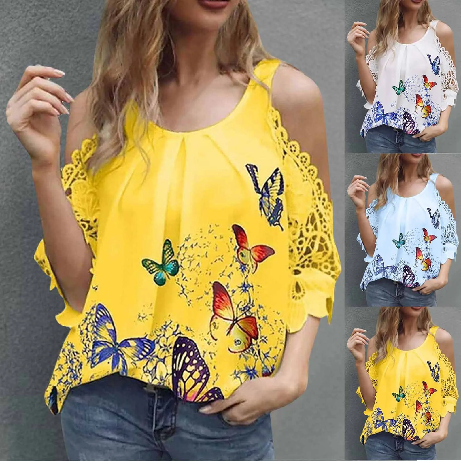 Женская модная кружевная рубашка летний топ с открытыми плечами кружевной рукав