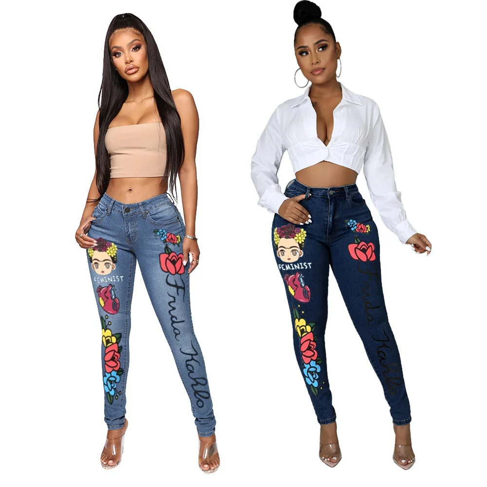 

Streetwear Fashion Skinny Distressed Pencil Pants Letter Printing Jeans Woman High Waist Skinny Pants for Women Denim Jeans