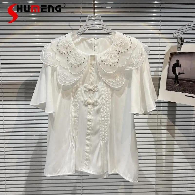 

Blusas Mujer 2022 Summer New Mesh Lapel Loose Ladies Tops Embroidery Design Frog Button White Short Sleeve Shirt for Women