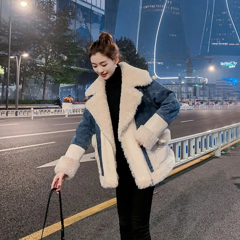 Женская джинсовая куртка из овечьей шерсти джинсовое пальто длинное свободное