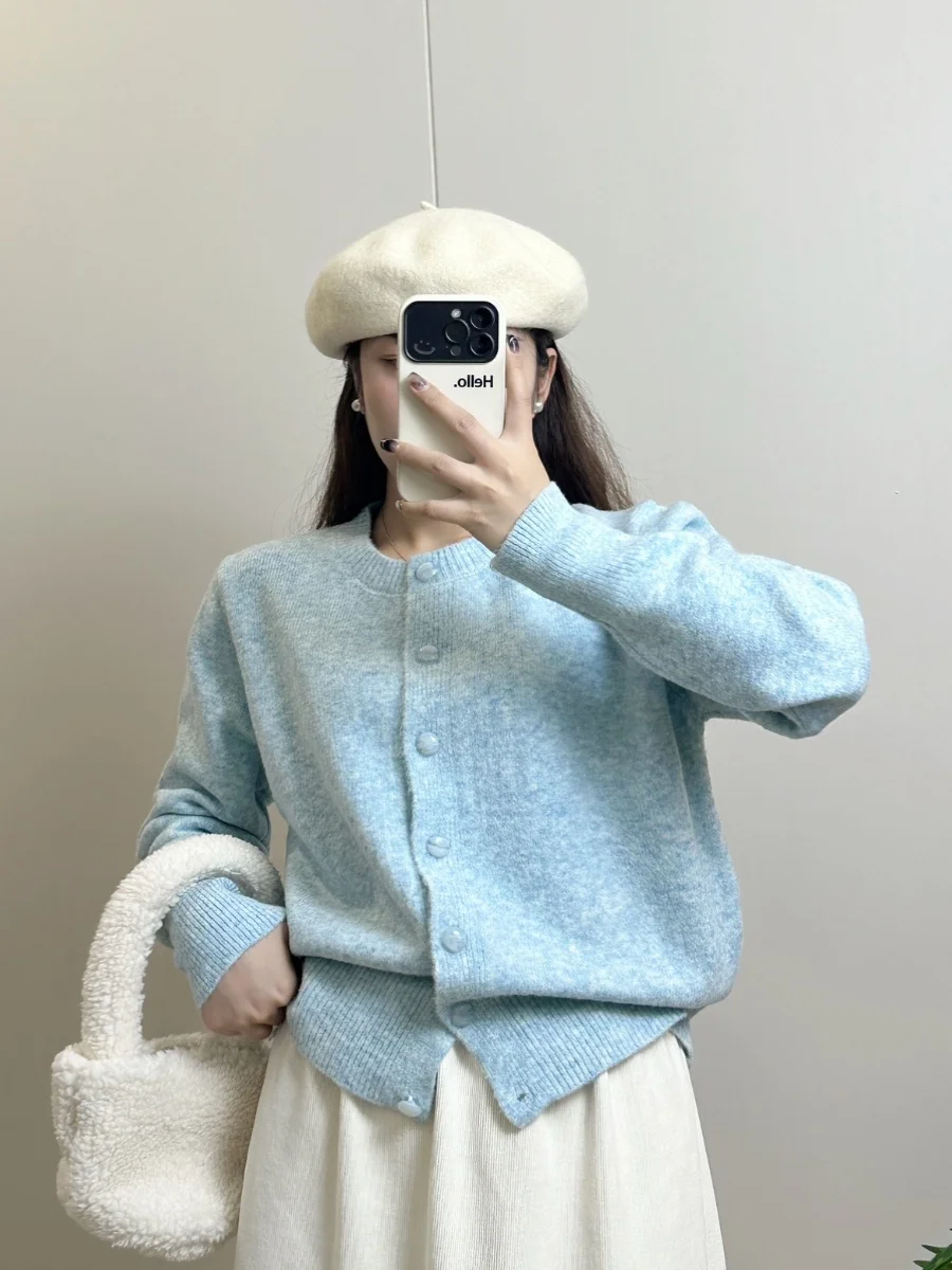 Белый ленивый элегантный универсальный утягивающий вязаный кардиган с круглым