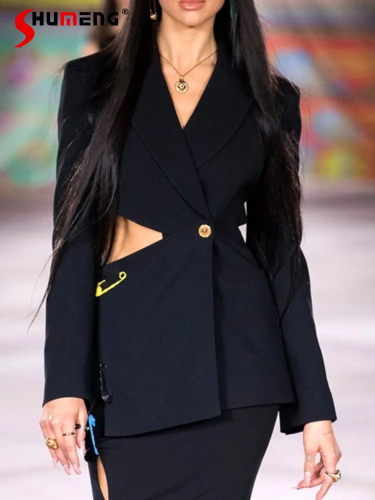 Casual Black Blazers for Women Jacket 2022 Autumn Elegant Sexy Woman Midriff Outfit Hollow Out One Button Asymmetric Suit Coat