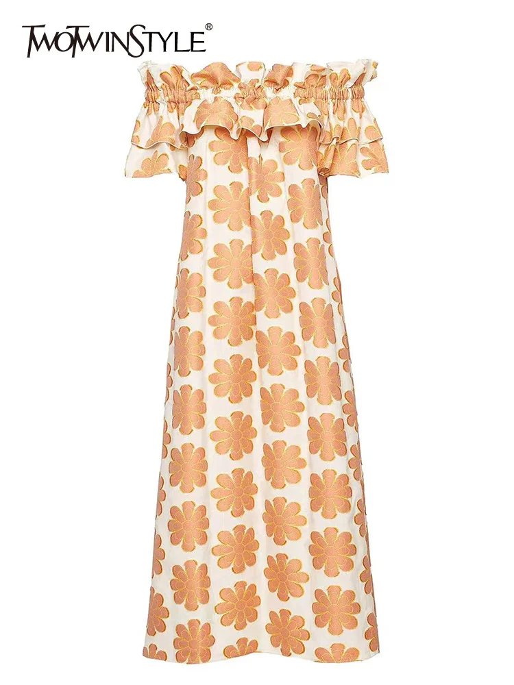 

TWOTWINSTYLE Casual Print Floral Colorblock Dress For Women Slash Neck Short Sleeve High Waist Loose Midi Dresses Female Clothes