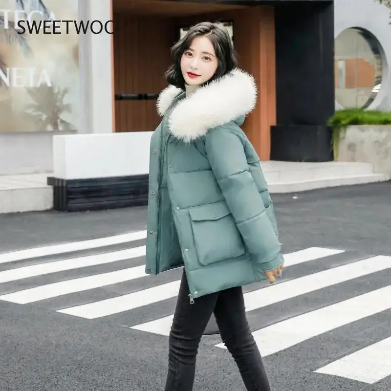 2021 New Winter Jacket Women's Parkas Big Fur Collar Overcoat Casual Long Coat Cotton Padded Parka Warm Female Jackets Outwear