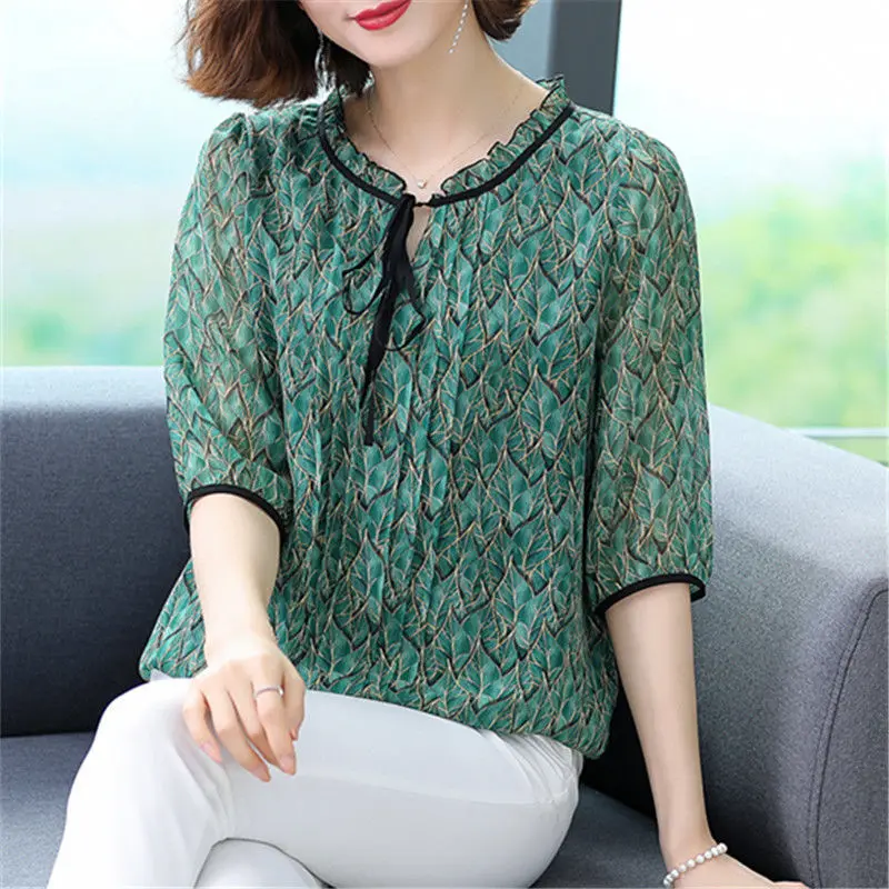 

Blouse female 2022 Summer new mothers dress chiffon shirt women's middle sleeve o neck middle -aged and elderly mother T -shirts