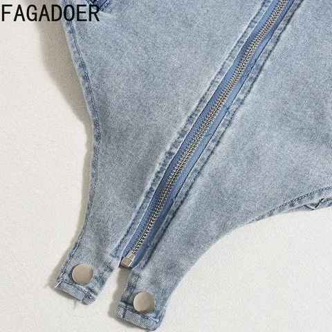 FAGADOER сексуальная джинсовая футболка в стиле ретро, женская уличная одежда без рукавов на молнии, нерегулярный лоскутный джинсовый укороченный топ, женская уличная одежда