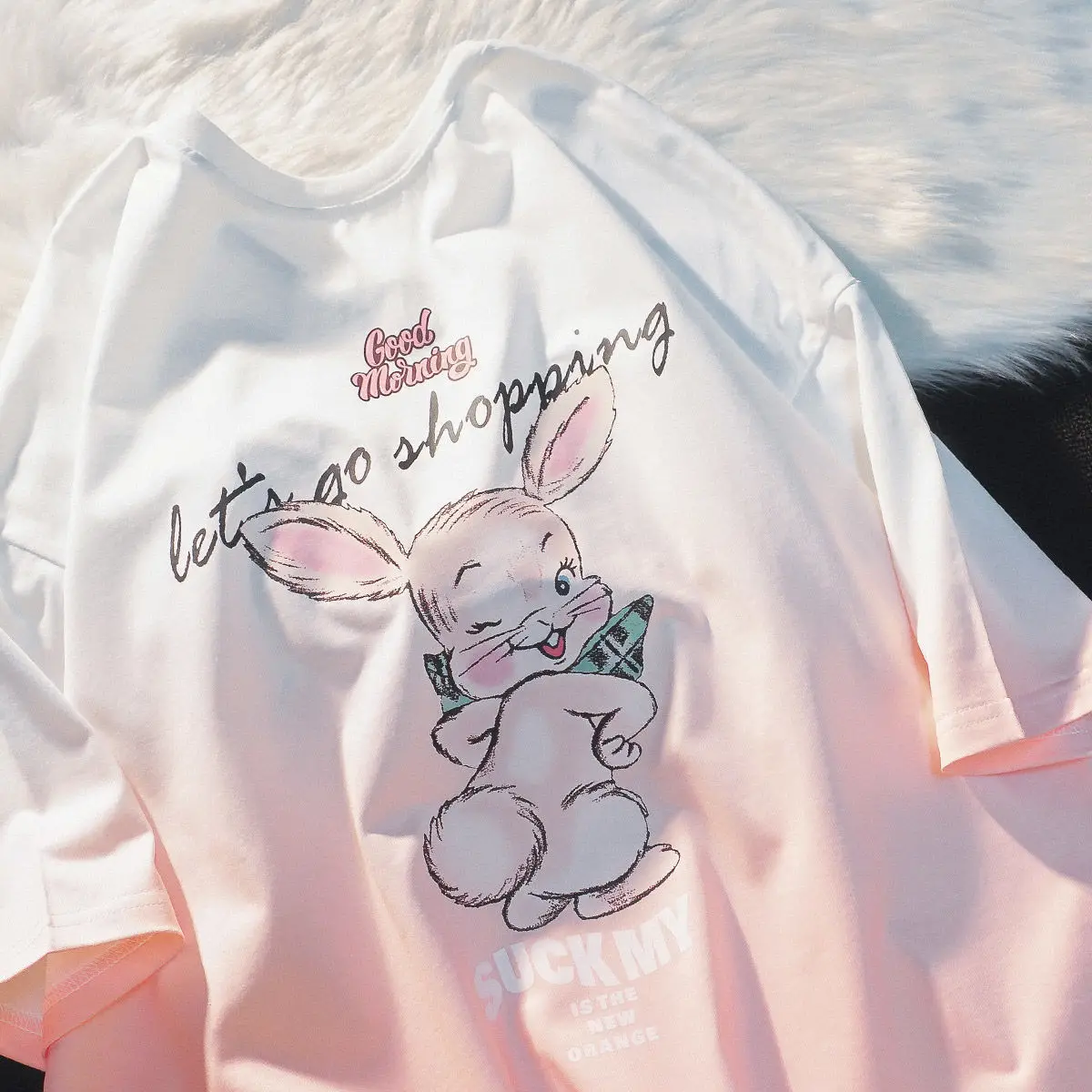 

Japanese Girl Gradient Cartoon Rabbit Bunny JK T-shirt Womens Y2k Loose BF Blackpink Top Tees Female Student Graphic Clothes