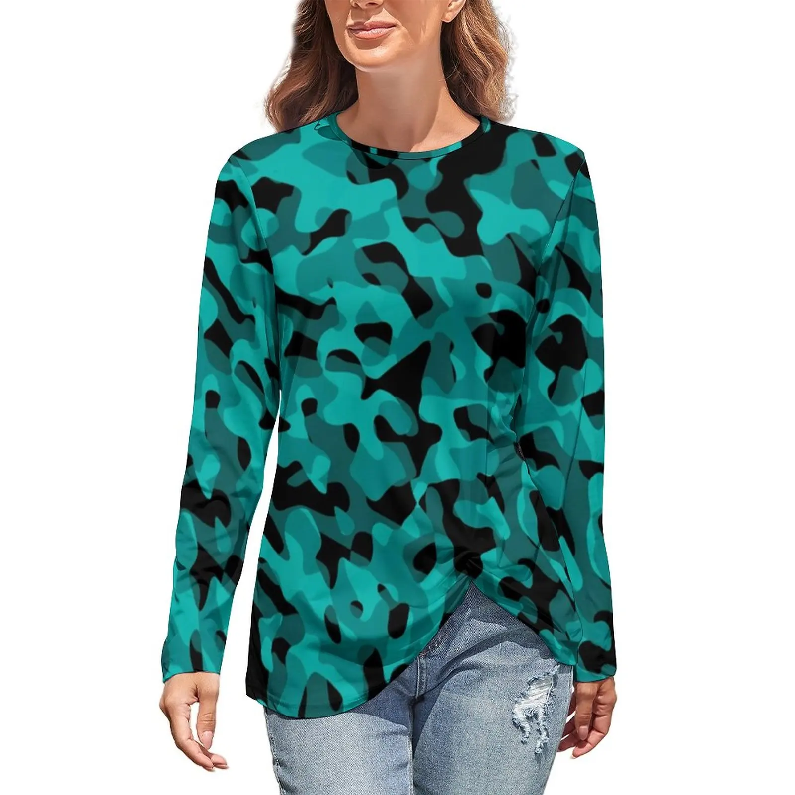 

Camouflage T-Shirt Black and Teal Camo Street Wear Long Sleeve T-Shirts Pattern Simple Tee Shirt Female Oversized Tops