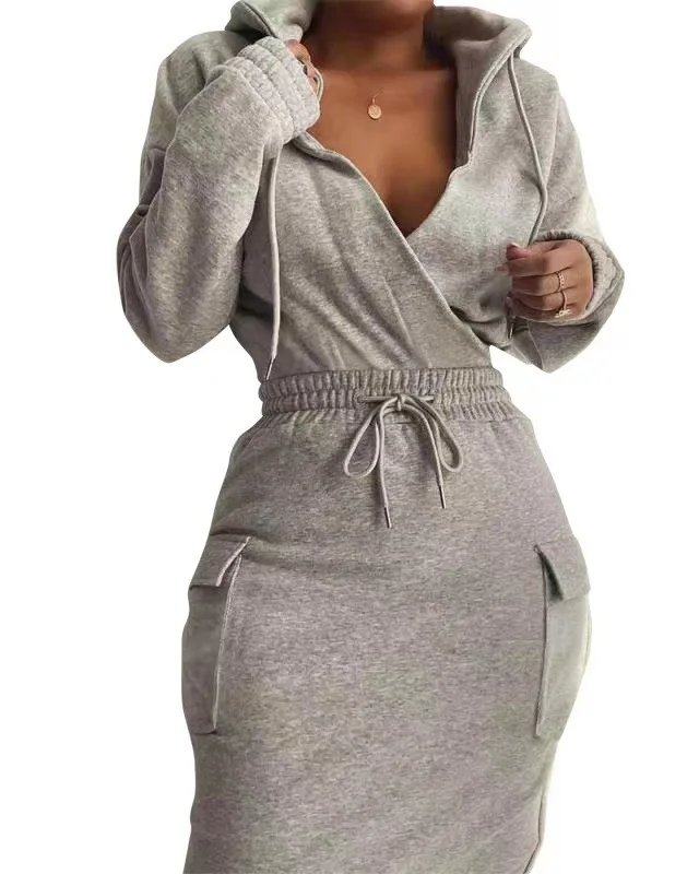

Женское платье с капюшоном, однотонное Повседневное платье-свитшот на завязках с длинным рукавом и карманами, 2021