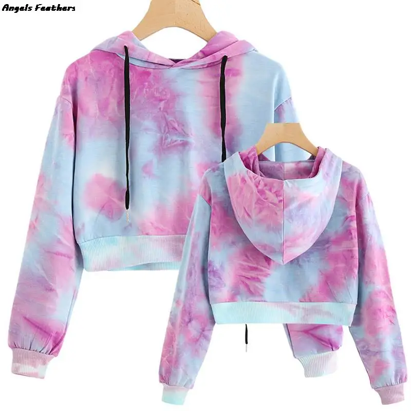 

2022 Spring Autumn Winter New Women's Fashion Rainbow gradient Street Tie Dye Print Short Drawstring Casual Hoodie Pullover
