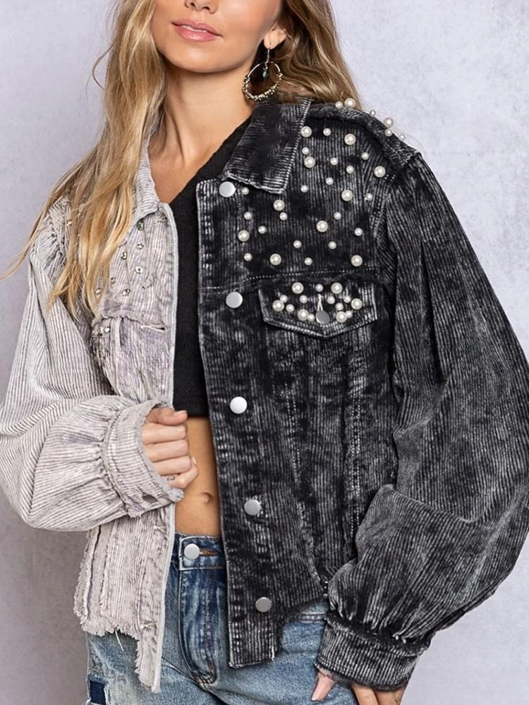 

Locomotive Denim Jacket 2023 Autumn New Raw Edge Denim Pearl Color Block Jackets For Women Fashion Street Short Woman Clothing