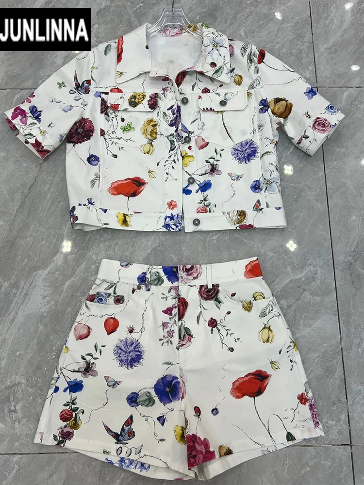 Женский джинсовый костюм с цветочным принтом JUNLINNA топ отложным воротником и