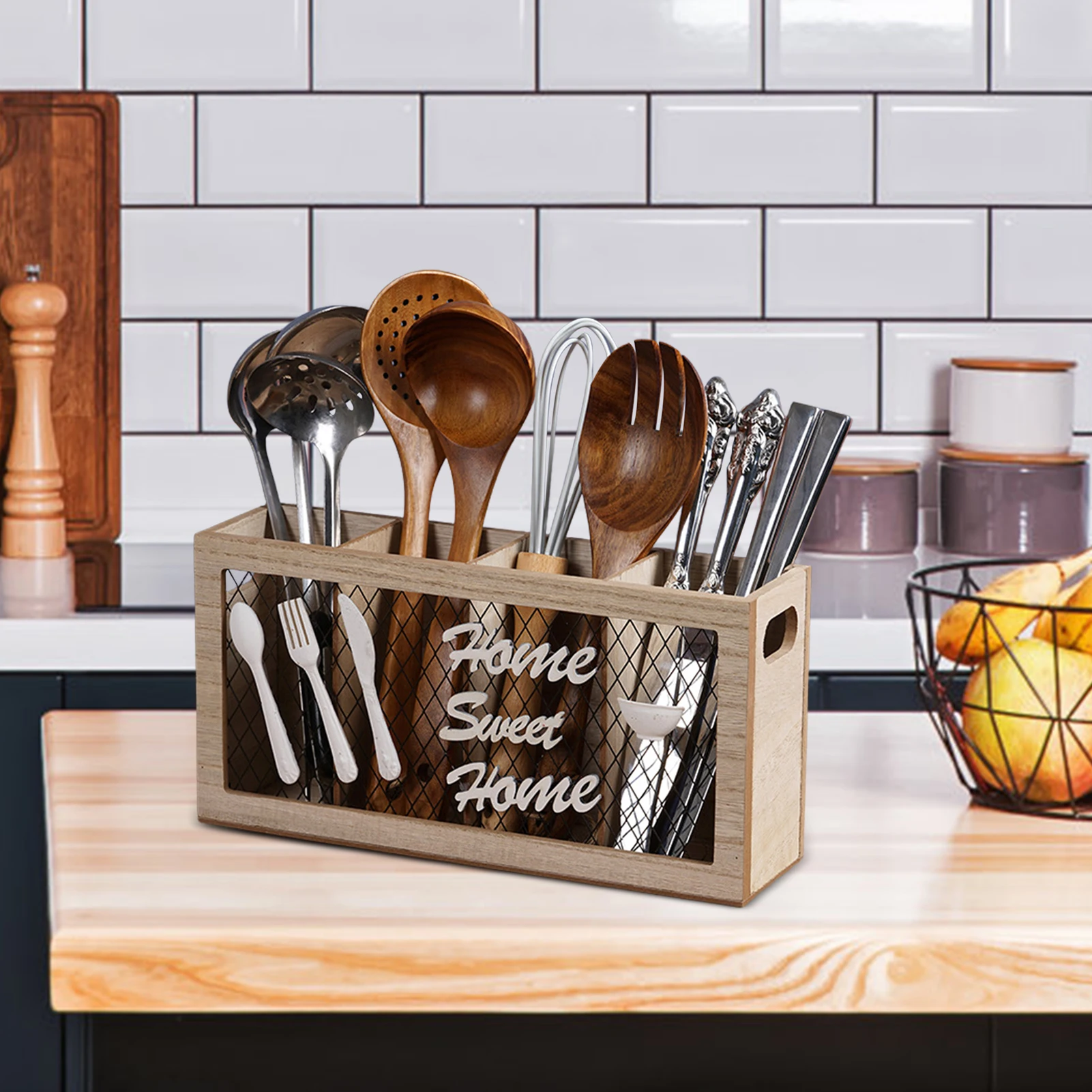 

Wooden Utensil Holder Decorative Silverware OrganizerFlatware Caddy With 4 Compartments Organizer Box For Spoons Knives Forks