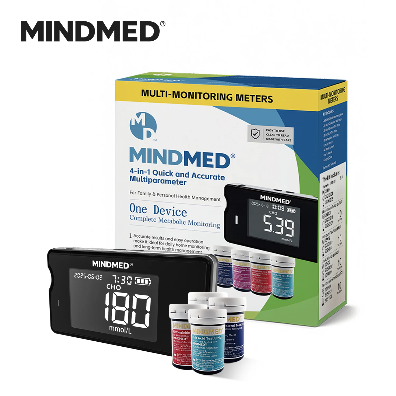 Фото Глюкометр MINDMED 4-в-1: набор для измерения уровня сахара в крови, тестер диабета с тест-полосками и ланцетами, портативное домашнее медицинское устройство №1