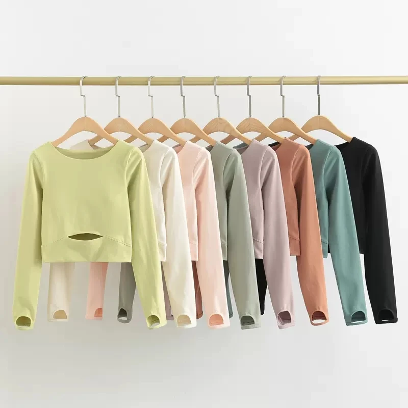 

With Chest Pad Yoga Top Women's With Logo Exposed Navel Sports Long-Sleeved Fitness T-Shirt Outdoor Cycling Tights 10 Colors