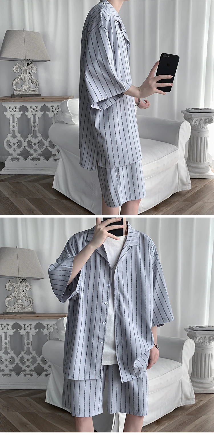 Summer Men Shorts Set Matching Shirts Letter Striped Floral Printing Lightweight Short Sleeve Elastic Waist Oversize Suit Man