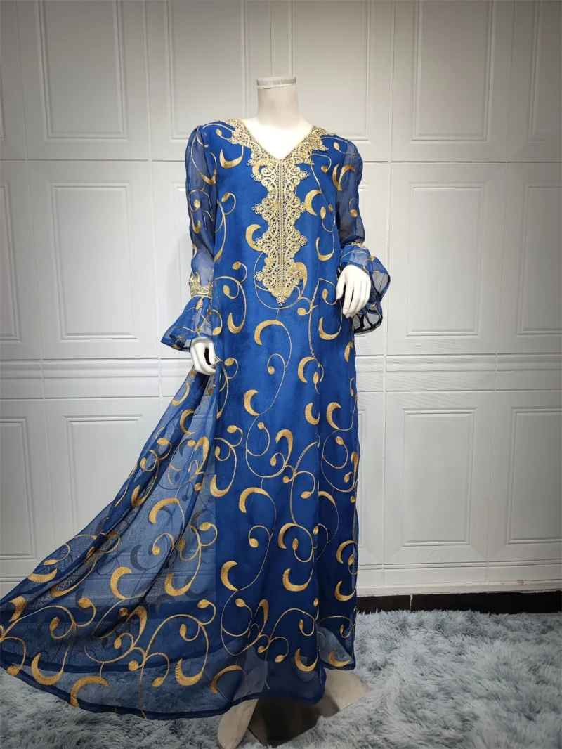 Ramadan Muslim Dress For Women Mesh Floral Embroidery Guipure Lace Flare Sleeves Modest Fashion Dubai Long Evening