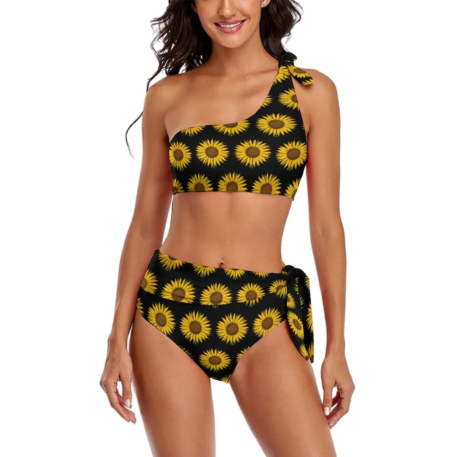 

Yellow Flower Bikini Swimsuit Sexy Sunflower Print One Shoulder Bikini Set Lady Retro Swimwear Feminine Bikinis Fitness Biquinis