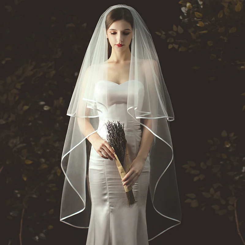 

2T Wedding Veil Short Tulle Ribbon Edge Bridal Veils Two Layer Ivory White Bride Veils