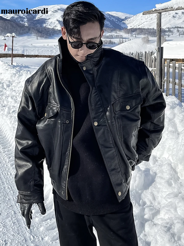 Mauroicardi Autumn Winter Waterproof Windproof Oversized Thickened Warm Black Faux Leather Jacket Men Zip Up Casual Cool Fashion