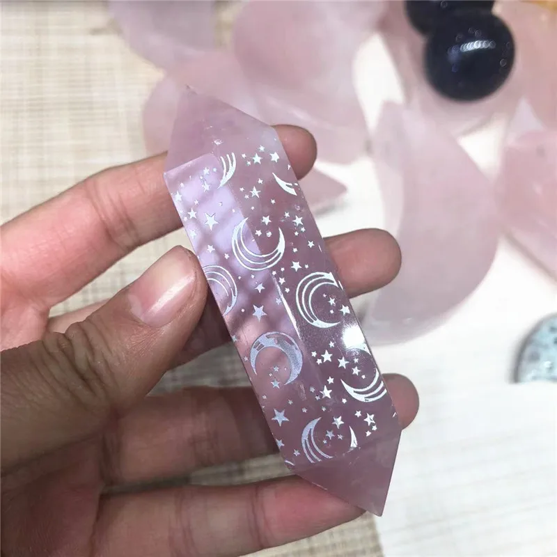 

Natural Stone Moon Star Pattern Crystal Carving Craft Natural Pink Rose Quartz Double Dot Home Decor