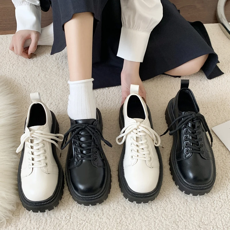 

Rimocy 2022 Autumn Classic Oxford Shoes for Women Platform Black White PU Leather Shoes Woman Student Comfortable Lace Up Flats