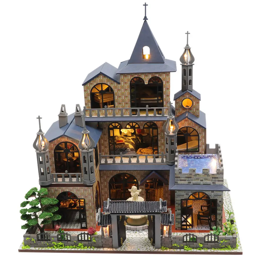 

Набор для кукольного домика «сделай сам», деревянный миниатюрный домик с подсветкой, европейская вилла, кукольный домик, игрушки, Roombox для в...