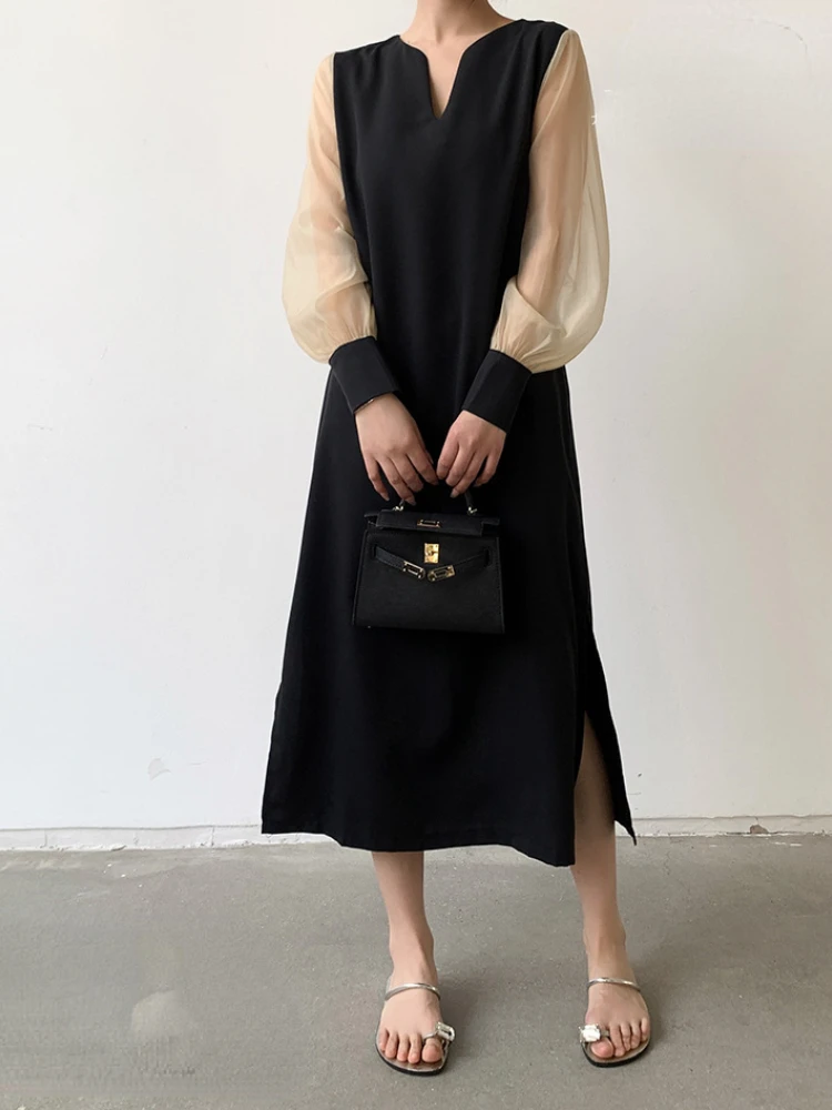 

Женское Повседневное платье с V-образным вырезом, простое длинное платье с соединением внакрой, одежда для улицы, весна-осень 2023