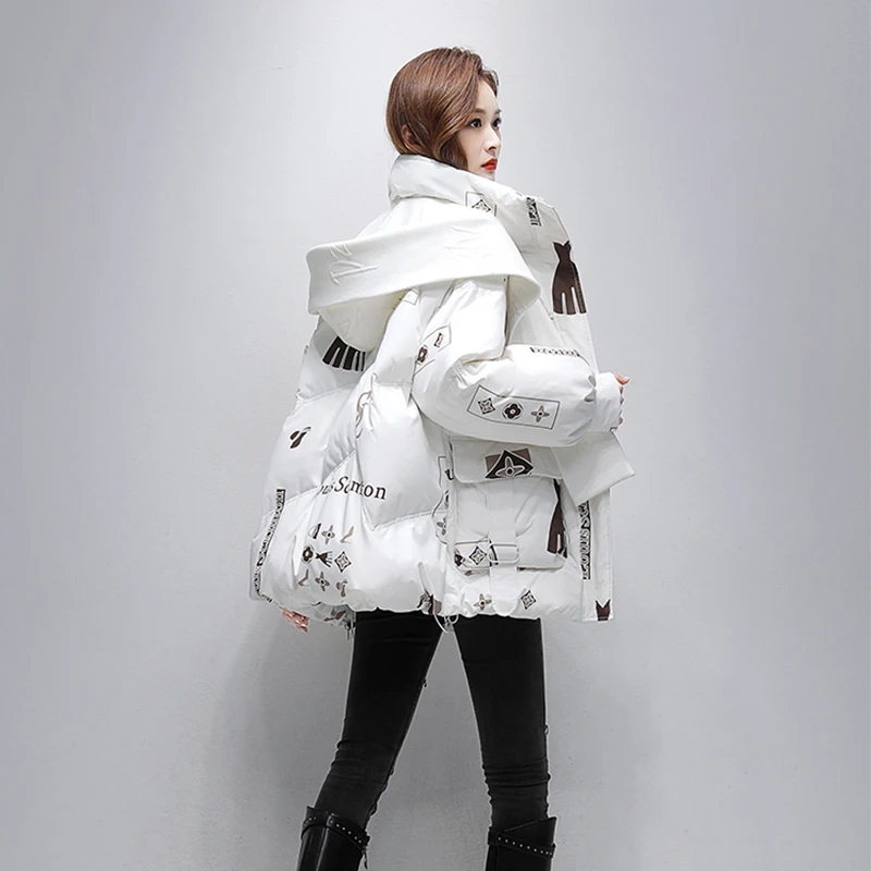 

Winter Jacket Women Clothing Fashion Print Thicken Warm Hooded Cotton Padder Coat Zipper White Ladies Casual Parkas Ropa Mujer