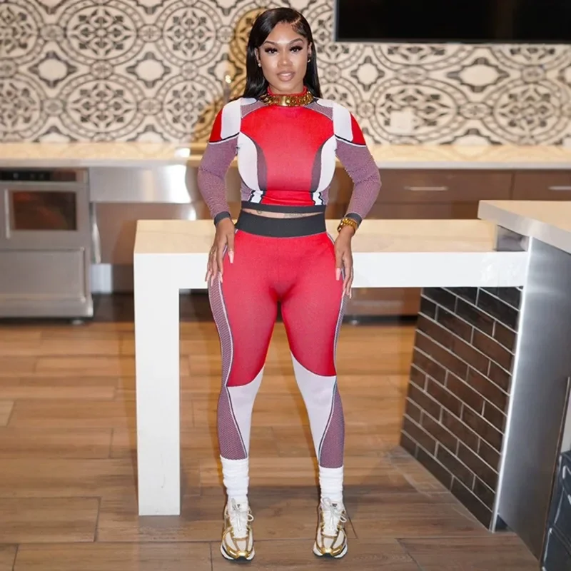 2024 Осенний лоскутный контрастный цвет спортивный комплект из 2 предметов женский