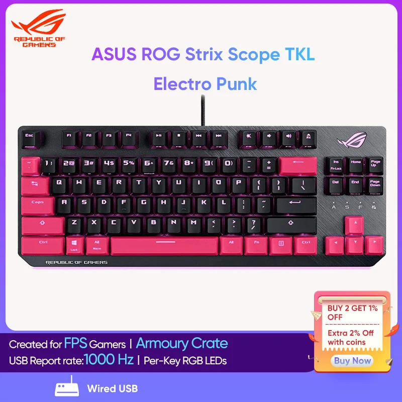 

ASUS ROG Strix Scope TKL Electro Punk Mechanical Gaming Keyboard Cherry MX Switches Aura Sync RGB Lighting For FPS games