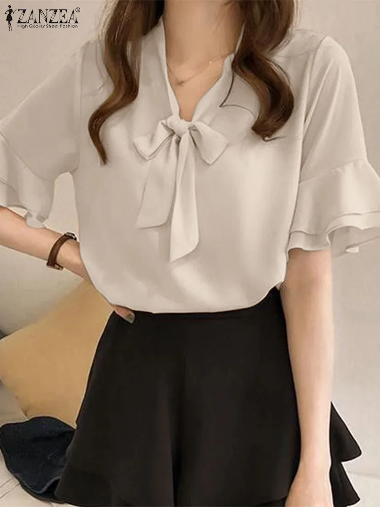 

ZANZEA Flare Sleeve Women's Blouse Summer Solid Color Casual Tunic Shirts O-Neck Lace-Up Loose Chemise Fashion Holiday Tops 2023