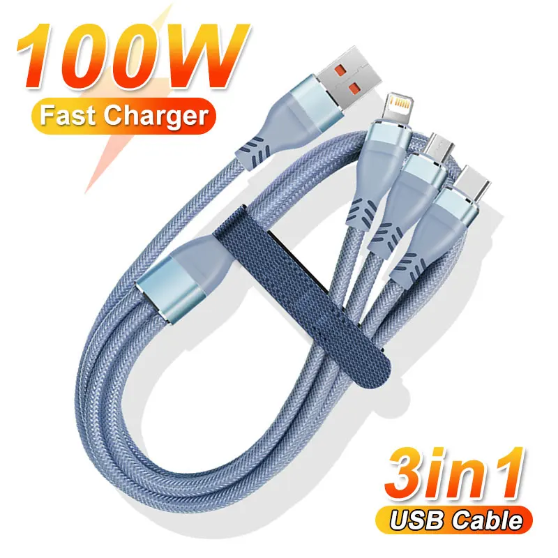 

3in1 100W USB Type C Fast Charger Cable For iPhone 14 13 12 11 Pro Max Xiaomi Samsung Huawei USB Micro Lightning Charging Cable