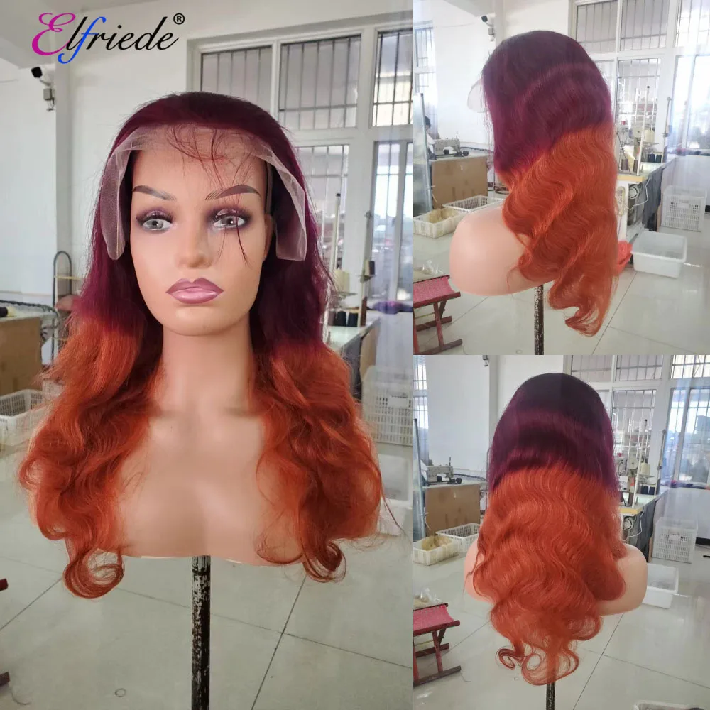 Elfriede Ombre бордовый имбирный оранжевый тело волнистые кружевные передние парики