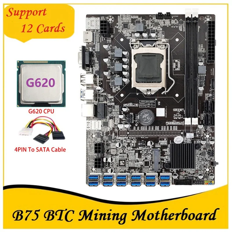 

AU42 -B75 BTC Mining Motherboard 12 PCIE To USB MSATA DDR3 With G620 CPU+4PIN To SATA Cable B75 USB ETH Miner Motherboard