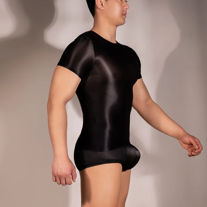 Glossy See Through Mens T-shirt Top Shiny Short Sleeve Gym Yoga Sport Tight Sheer Sportwear Party Clubwear