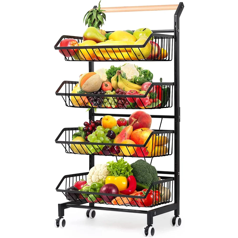 

4 Tier Fruit Vegetable Storage Basket Rolling Cart with Handle and Wheels serving trolley bar trolley Hotel Trolley, Black