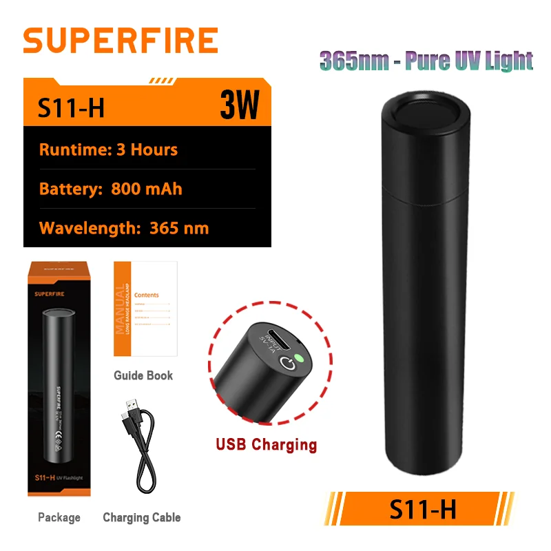 

SUPERFIRE S11-H ультрафиолетовый фонарик 365 нм