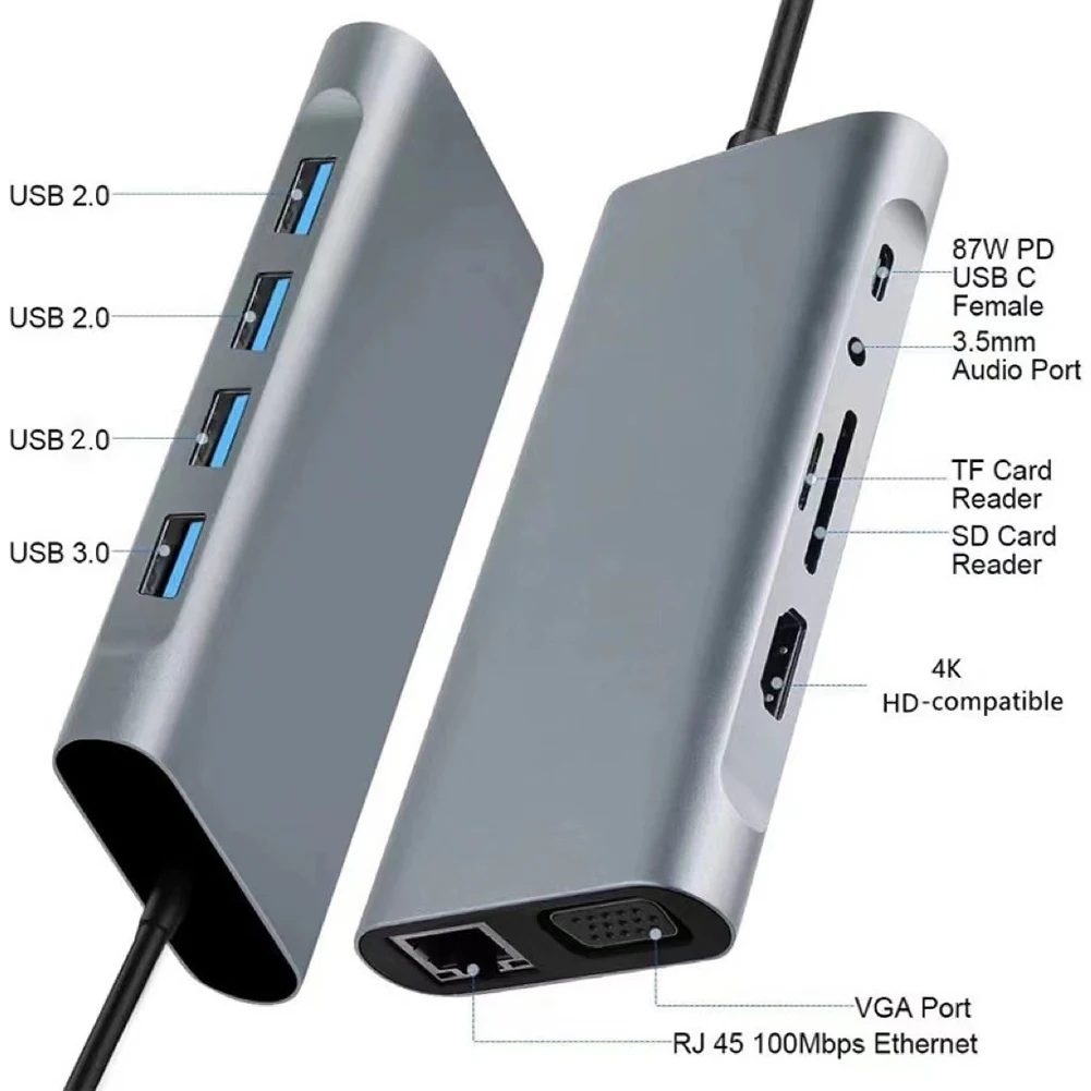 

USB-концентратор Тип C на HDMI-совместимый адаптер USB 3,0 11 в 1 Тип C к RJ45 SD/TF кардридер VGA PD USB C разделитель для MacBook