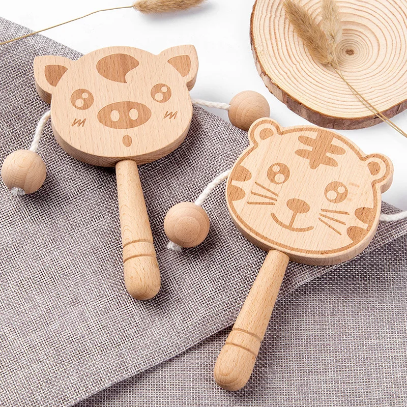 

Hevesrz Baby Safe Wooden Toys Montessori Toddler Toy Grip Cartoon Rattle Soother Teether Toy