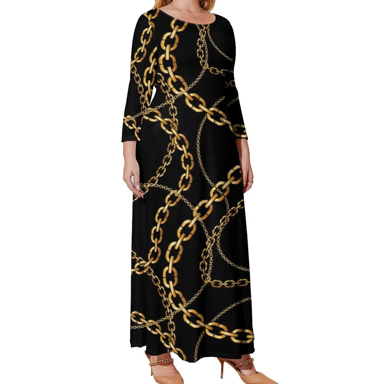 Gold Chains Dress Long Sleeve Circle Chain Print Cute Maxi Dress Daily Street Wear Print Bohemia Long Dresses Plus Size 4XL 5XL