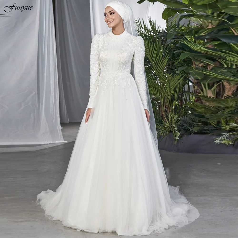Funyue Vestidos De Novia трапециевидное тюлевое кружевное мусульманское свадебное платье