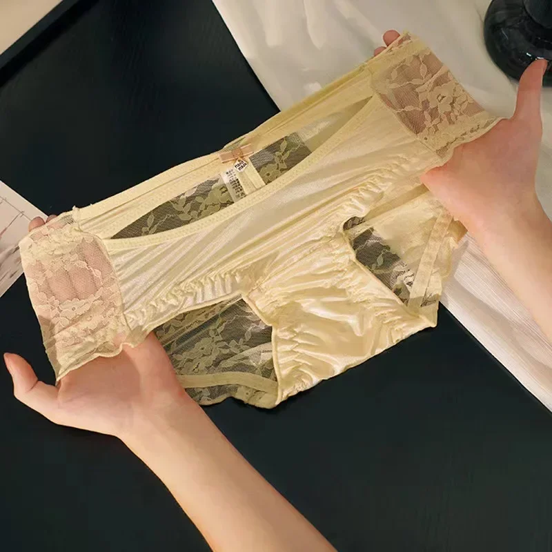 Весенне-летние шелковые роскошные атласные трусики с сексуальным кружевом
