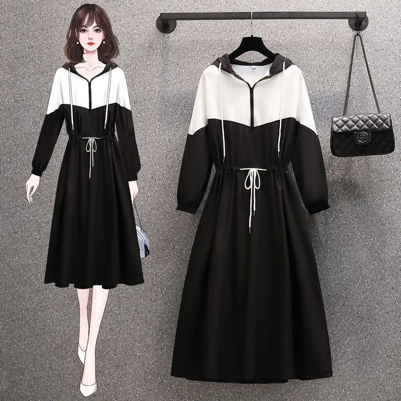 

Женское весенне-осеннее платье-свитшот с капюшоном, повседневные свободные спортивные платья составного кроя в Корейском стиле с завязкам...