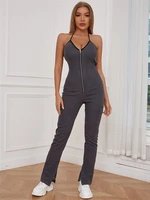 ingrily backless sexy jumpsuits women solid sheath halter lace up cleavage overall v neck zipper pocket streetwear female