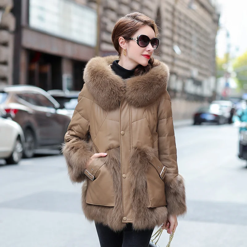 

Fox Fur Collar Hooded Genuine Sheepskin Leather Jackets Autumn Winter 90%White Duck Down Female Jacket Women's Coats RopaZj 2023