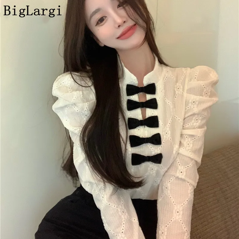 

French Style Autumn Winter Shirt Women Bow Hollow Out Lace All-Match Female Elegant Blouse Vintage Female Basic Ladies Tops