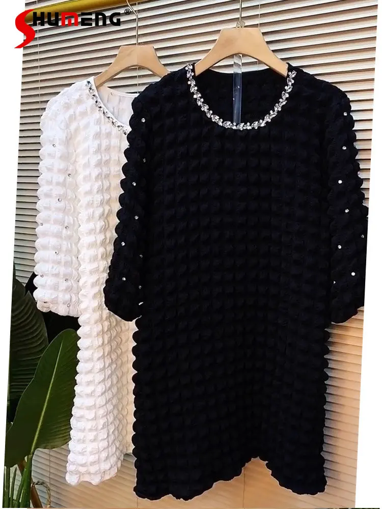 

Large Size Women's Clothings New Fashion Simple Mid-Length Solid Color Dress Plump Girls Trendy Round Neck Rhinestone Dress
